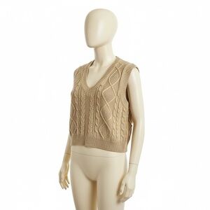 RSQ Tan Cable Knit Sweater Vest Size L Preppy Old Money Tennis V Neck Academia